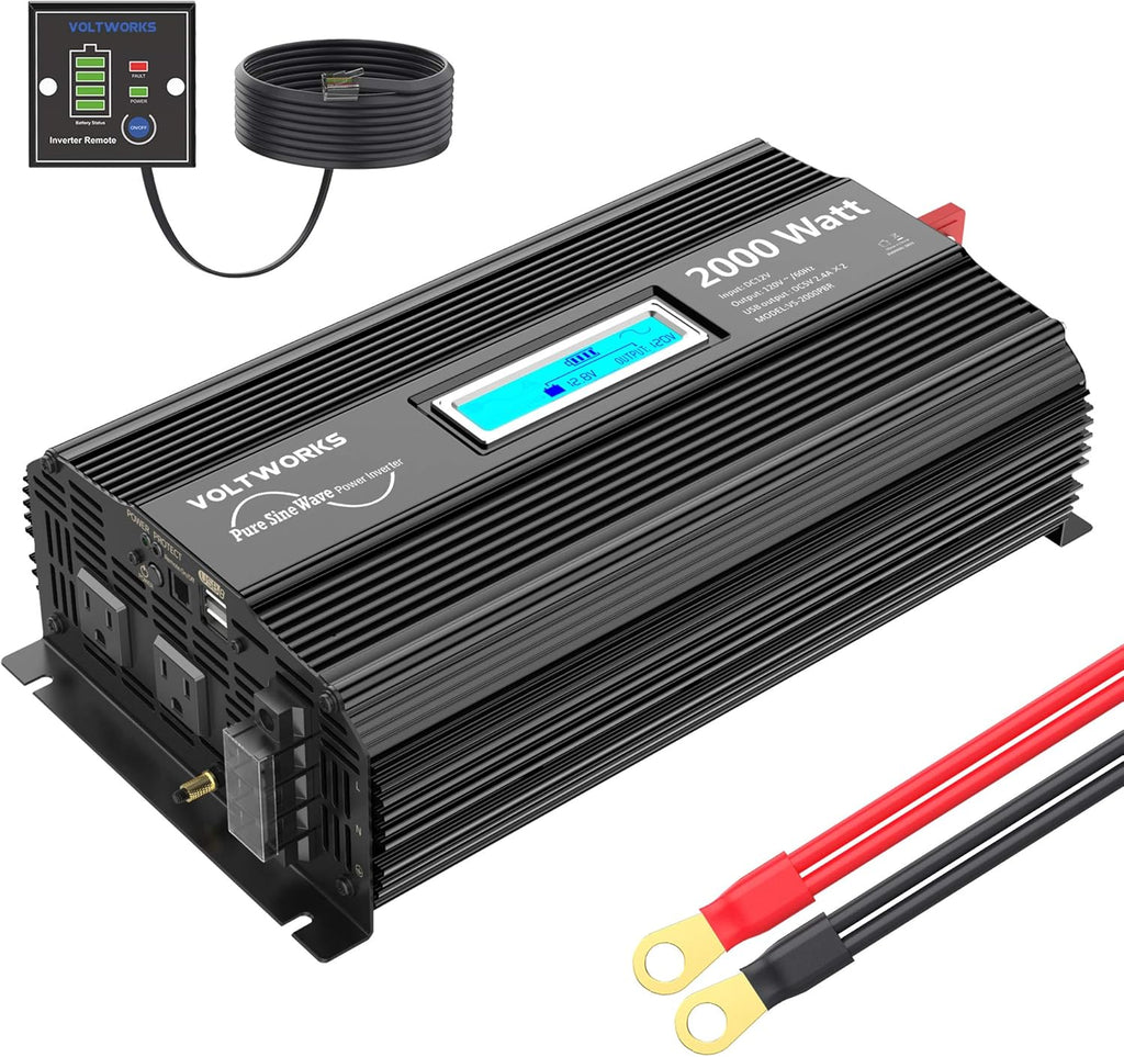 Pure Sine Wave 2000Watt Car Power Inverter DC 12V to 120V AC with 2 AC Outlets USB Ports Remote Control LCD Display G92937