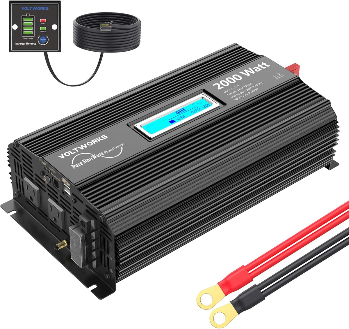Pure Sine Wave 2000Watt Car Power Inverter DC 12V to 120V AC with 2 AC Outlets USB Ports Remote Control LCD Display G92937