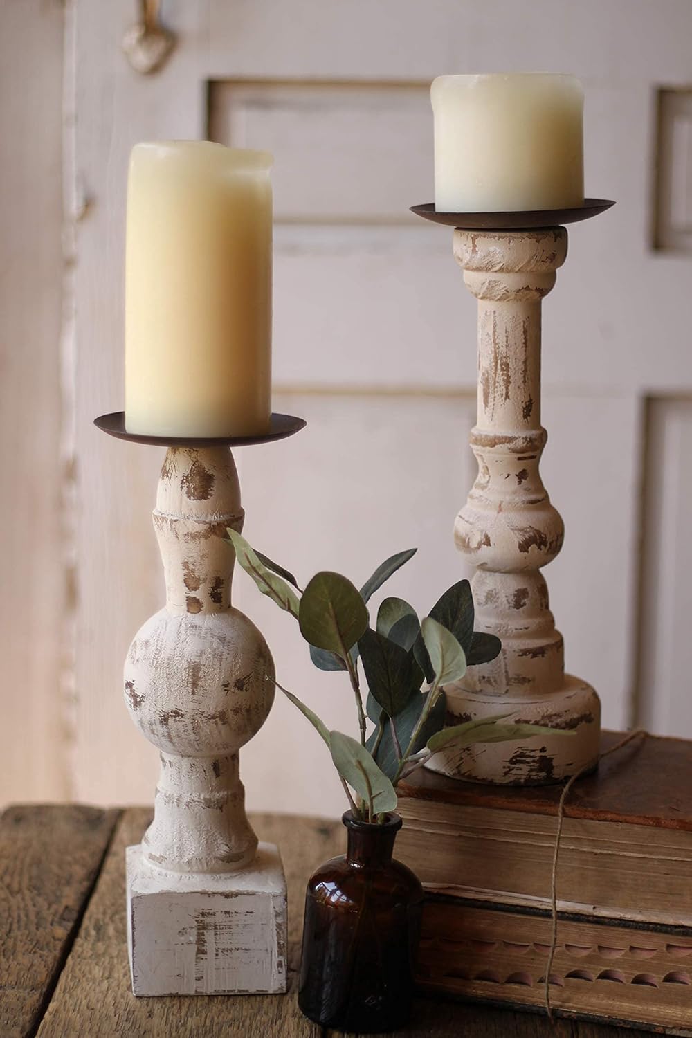 Antique White Wooden Candle Holders Set of 2 C994738