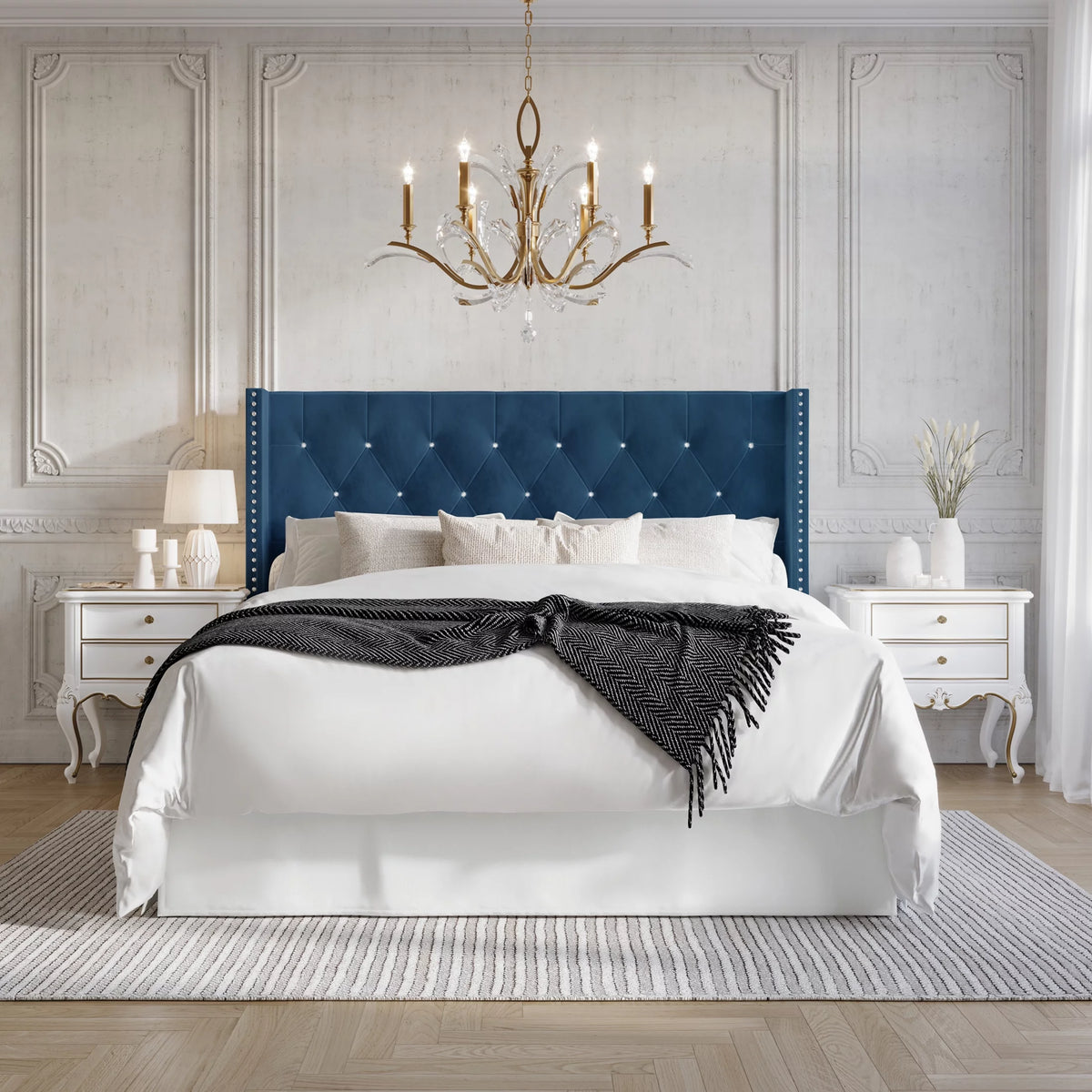 Button Tufted Wingback Velvet Upholstered Queen Bed H3404