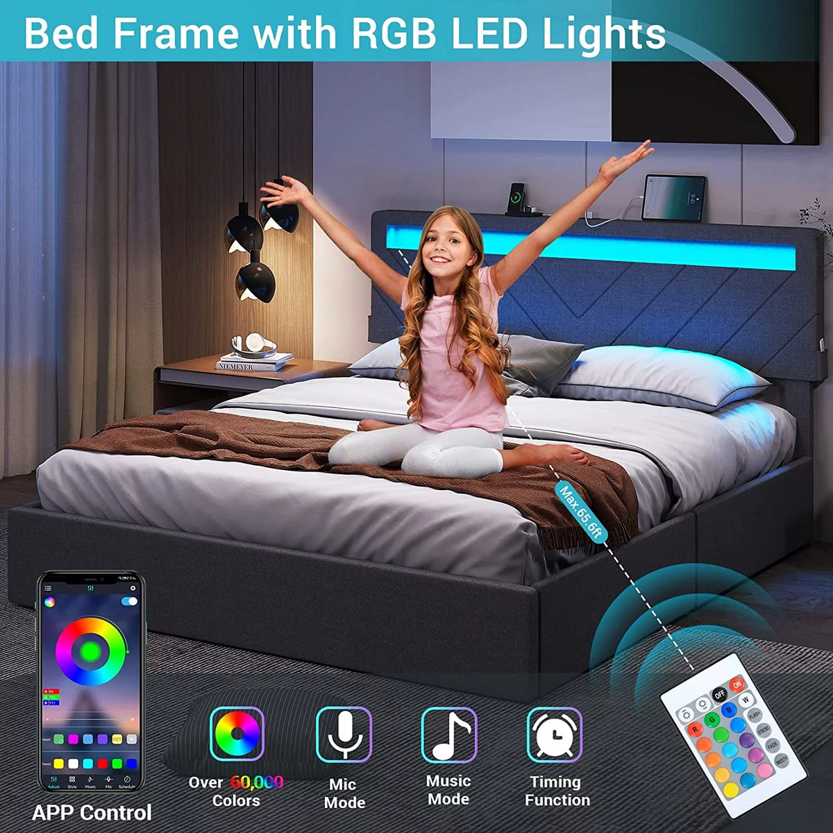 Queen Platform Bed Frame with 4 Storage Drawers, 2 USB Ports, LED Headboard, Dark Grey R327