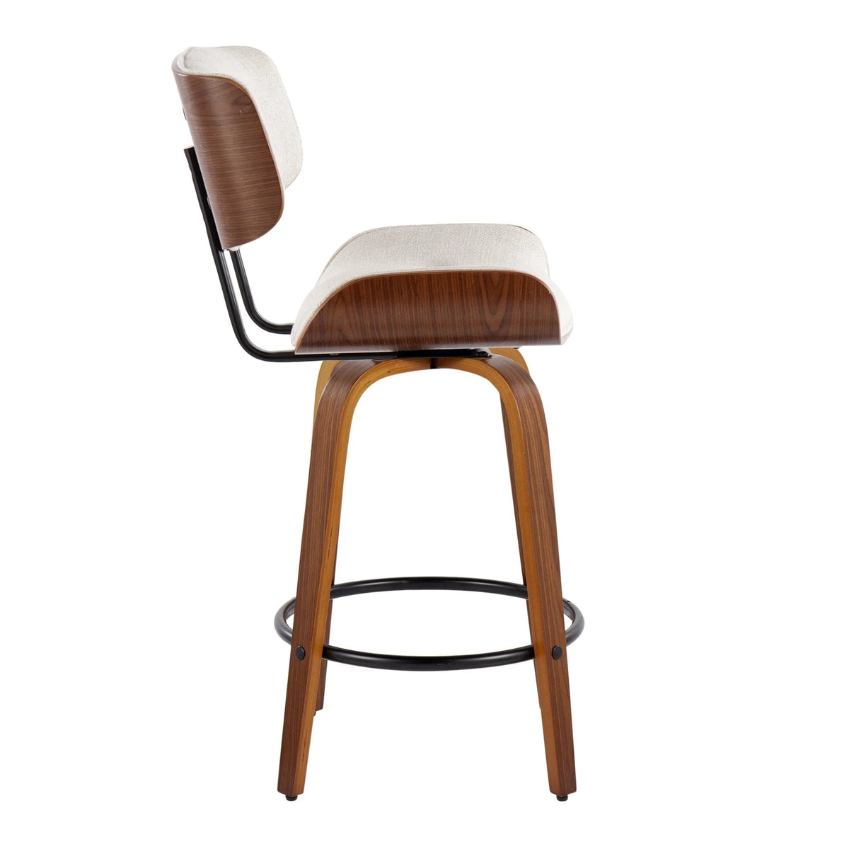 26" Mid-Century Modern Counter Stool with Swivel in Walnut Wood and Cream Noise Fabric with Round Black Metal Footrest - Set of 2 A351