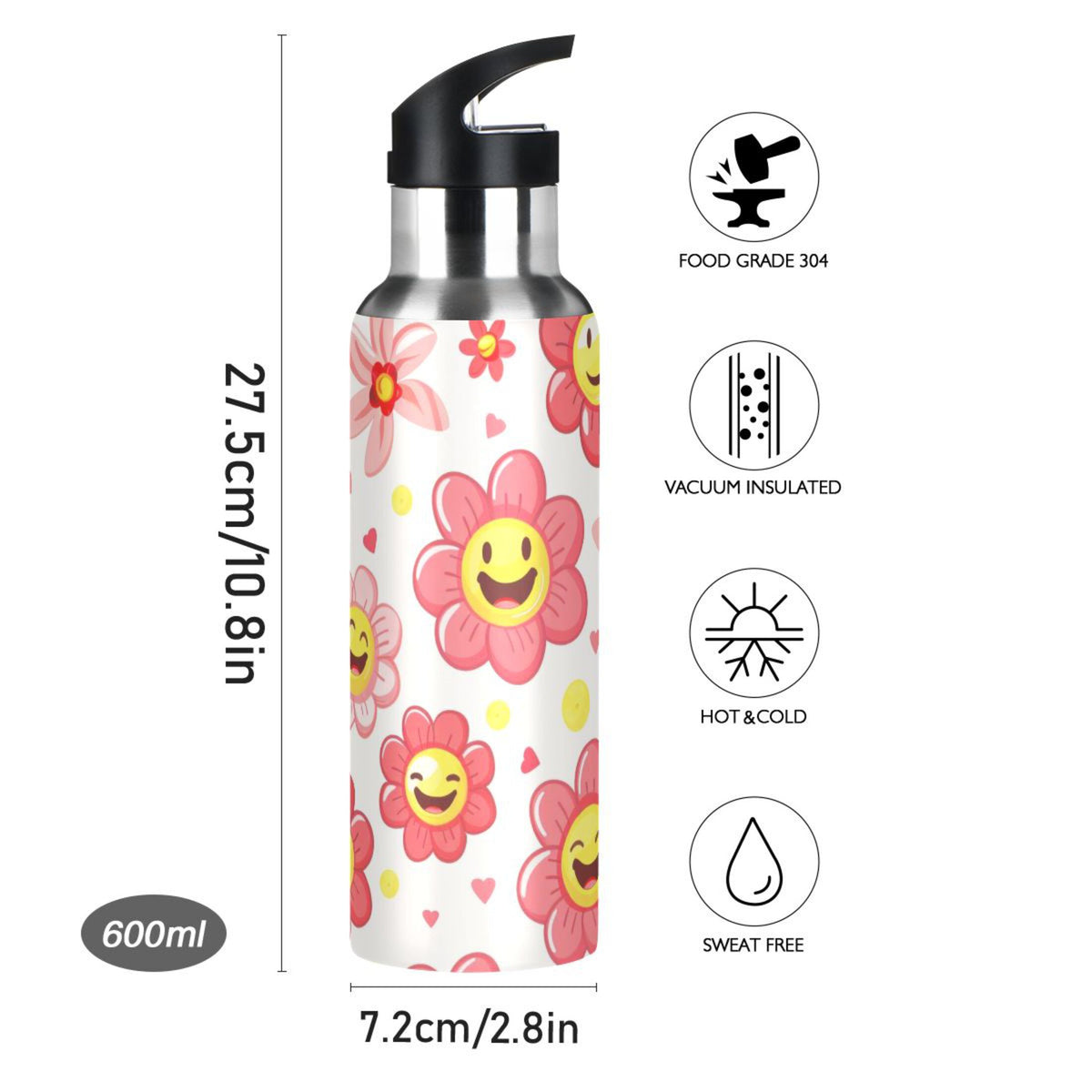 Pink Insulated Stainless Steel Water Bottle with Straw Lid 20 oz X34398