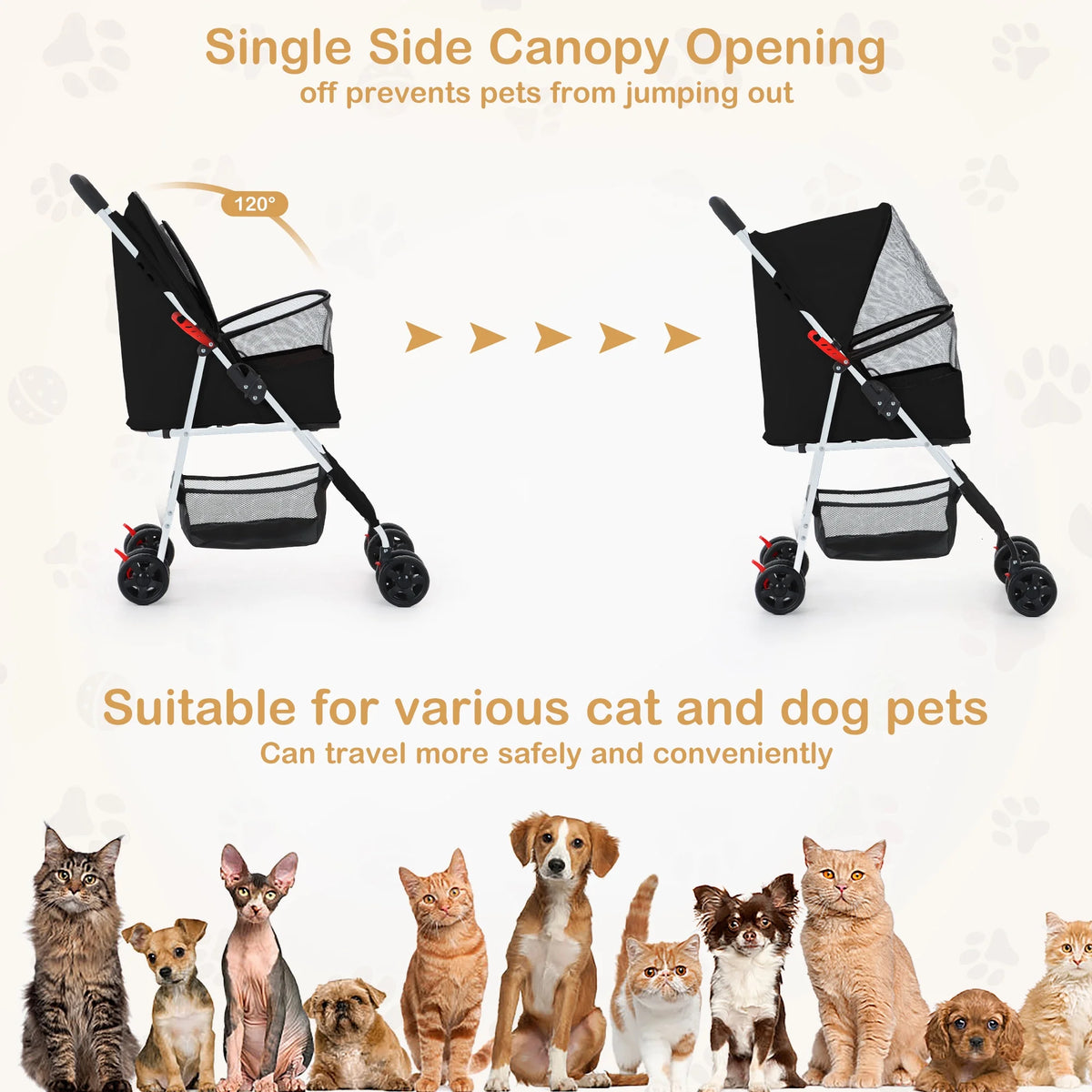 Folding Pet Stroller with Storage Basket, Black G1938