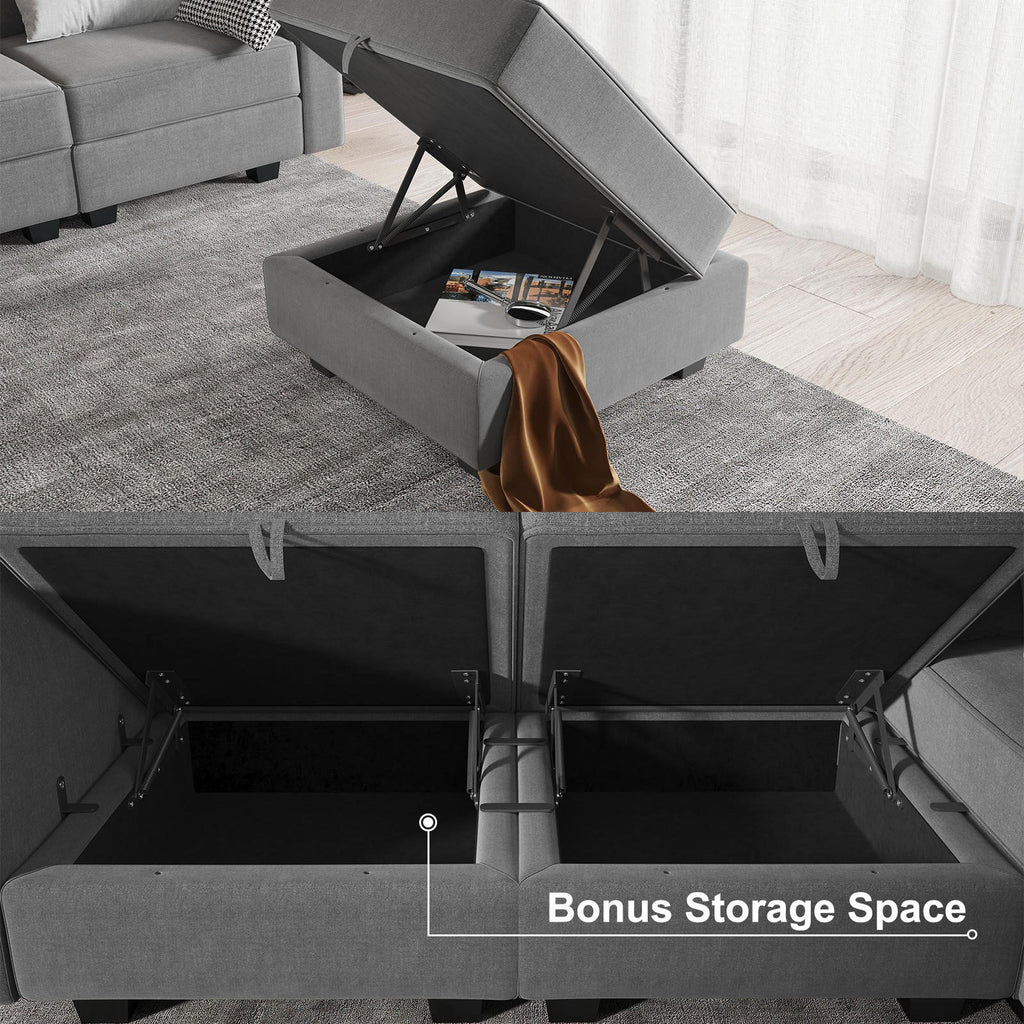 87" Convertible Sectional Sofa with Storage Seats, Grey Polyester V2529
