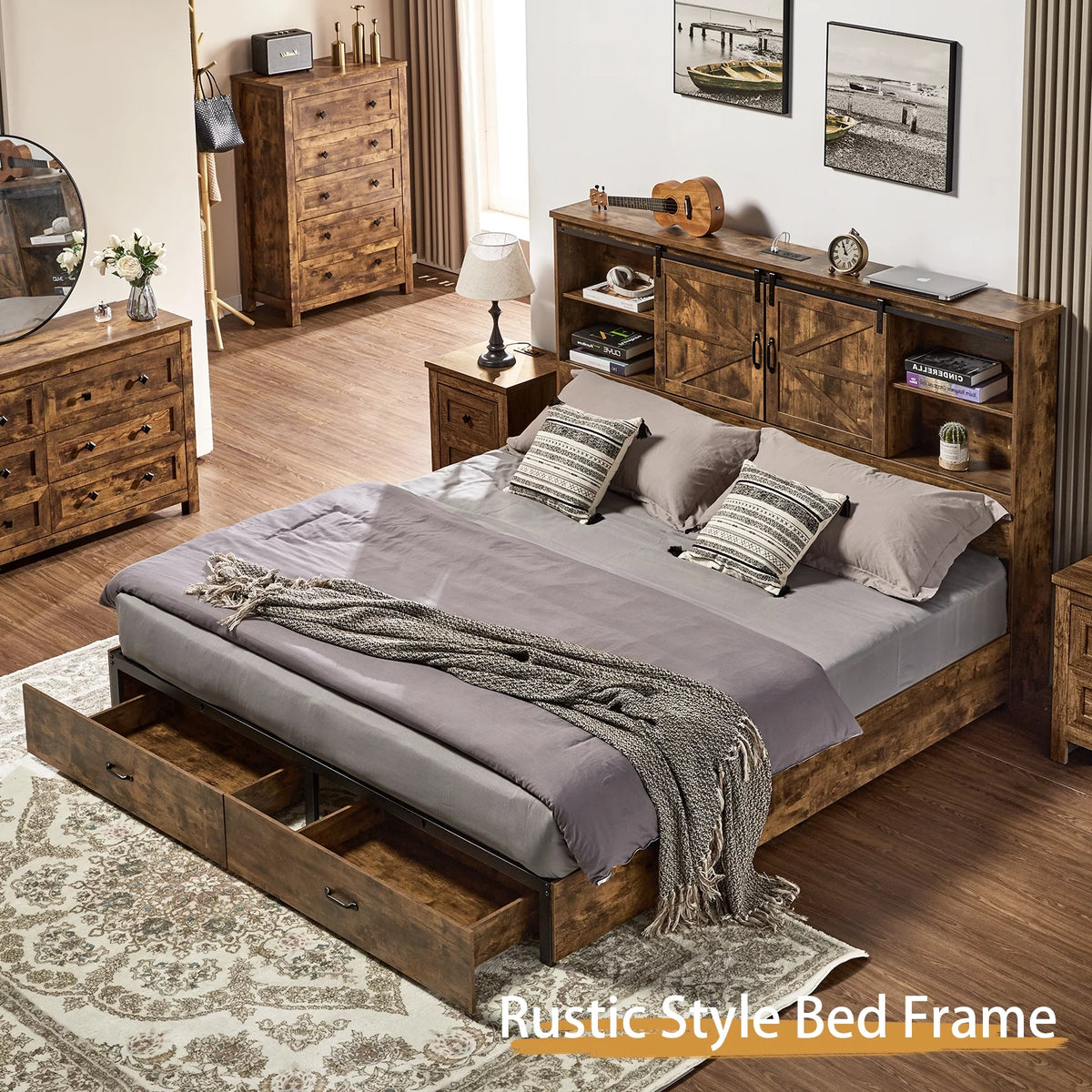King Size Wooden Platform Storage Bed Frame with Bookcase Headboard K229