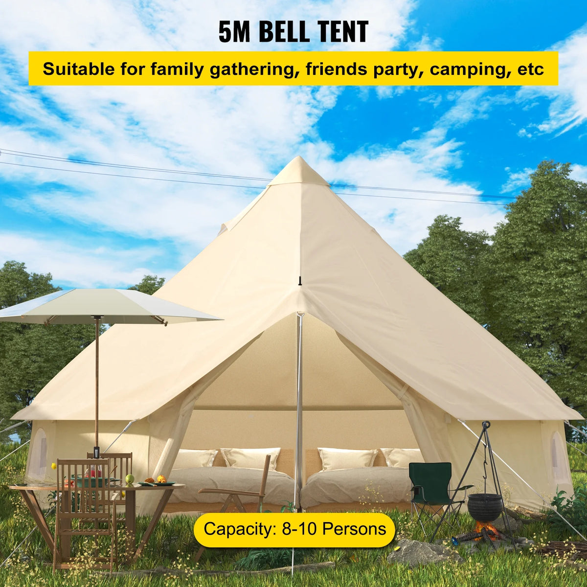 Canvas Bell Tent 16.4ft Cotton Canvas Tent with Wall Stove Jacket Waterproof Bell Tent M9360