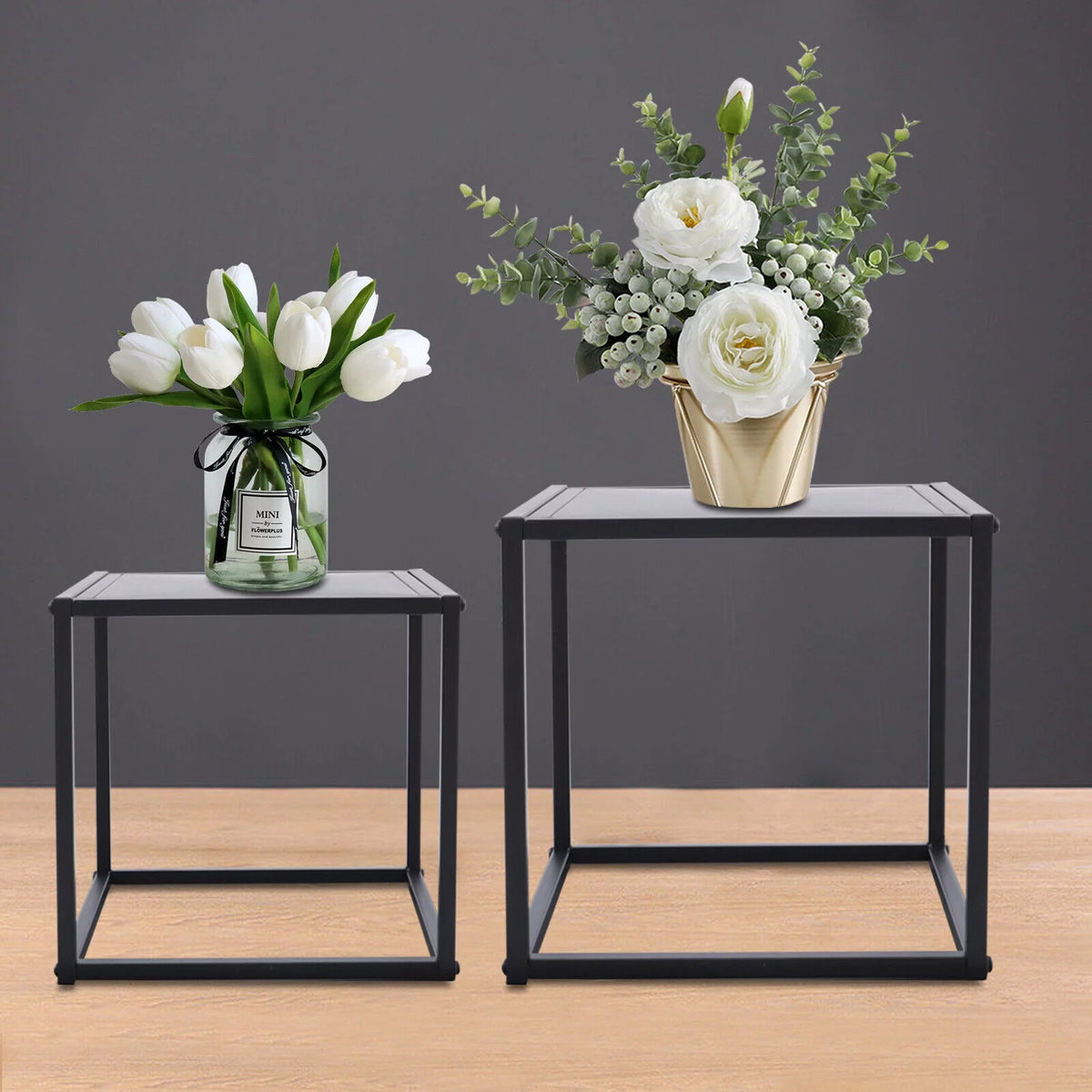 2Pcs Modern Square Metal Coffee Table Side Table End Table Matt Black K93737