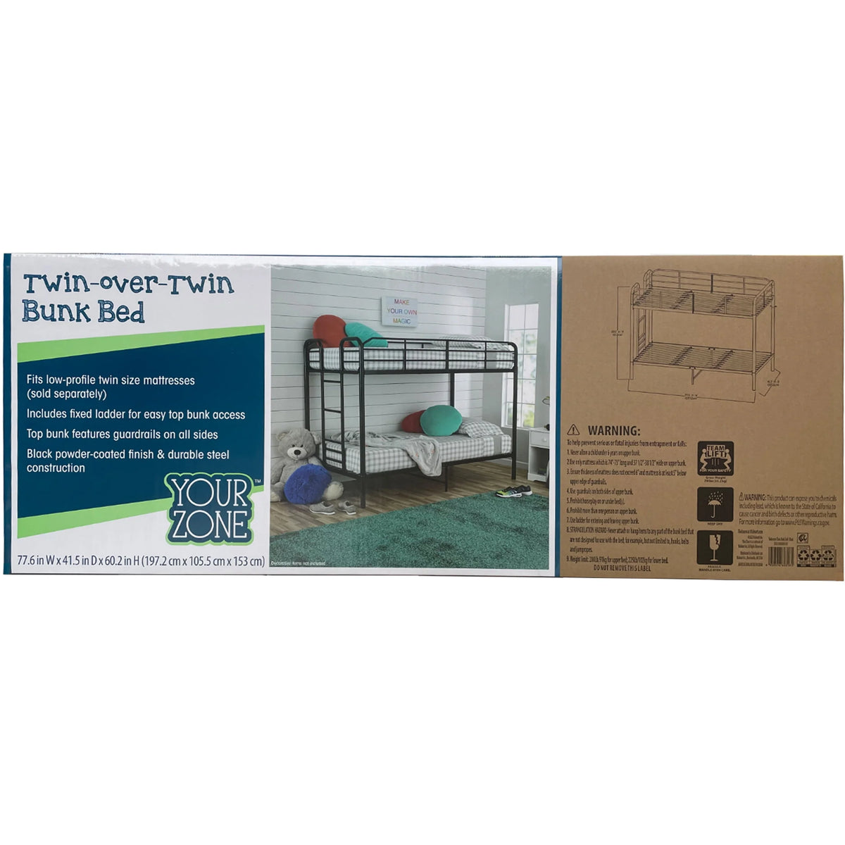 Black Metal Twin over Twin Quad Bunk Bed with Ladder and Guardrails D200415