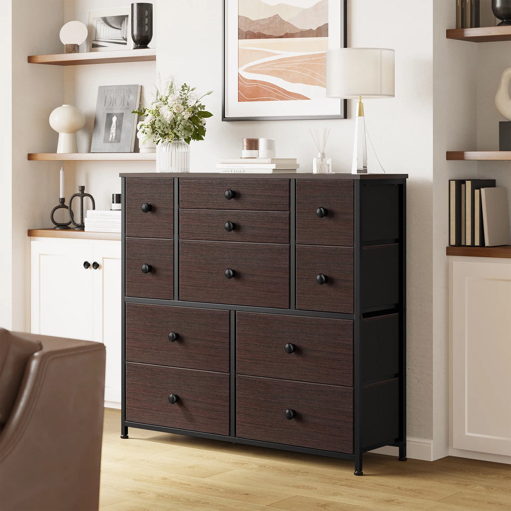 11 Fabric Drawers Faux Leather Rustic Brown Dresser with Wood Top Y496927