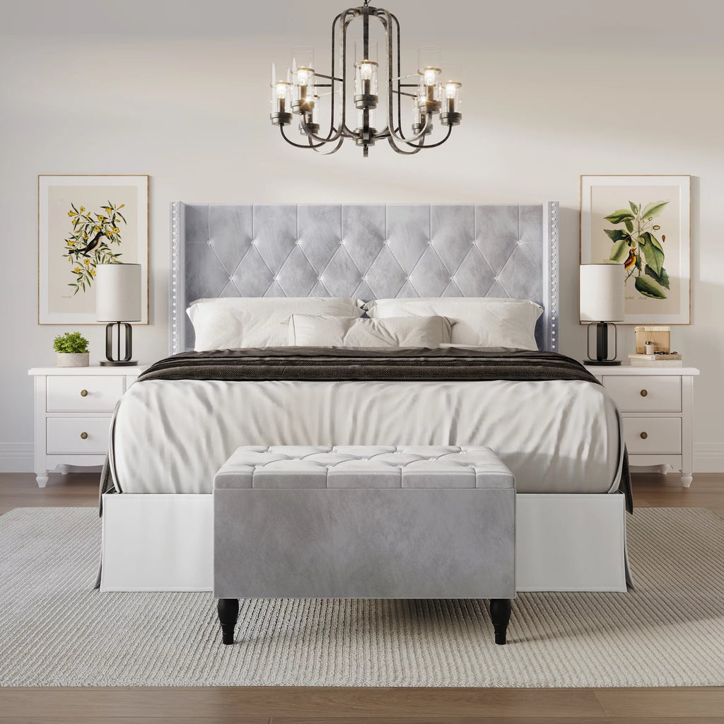 Black Velvet Upholstered Storage Bench Bed E77125