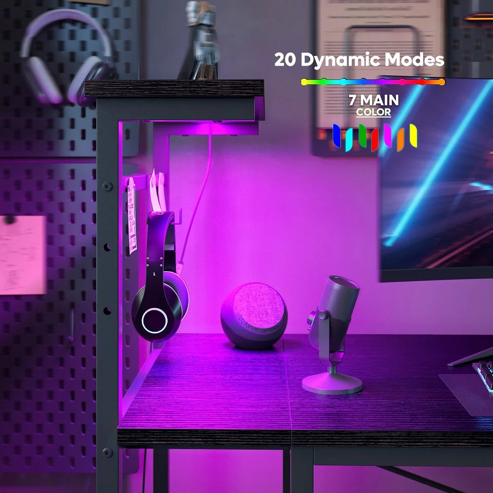52 inch Black Gaming Computer Desk with LED Lights & Shelves G28283