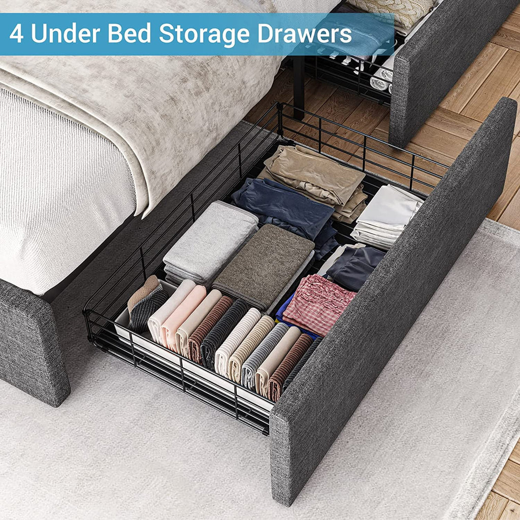 Queen Platform Bed Frame with 4 Storage Drawers, 2 USB Ports, LED Headboard, Dark Grey R327