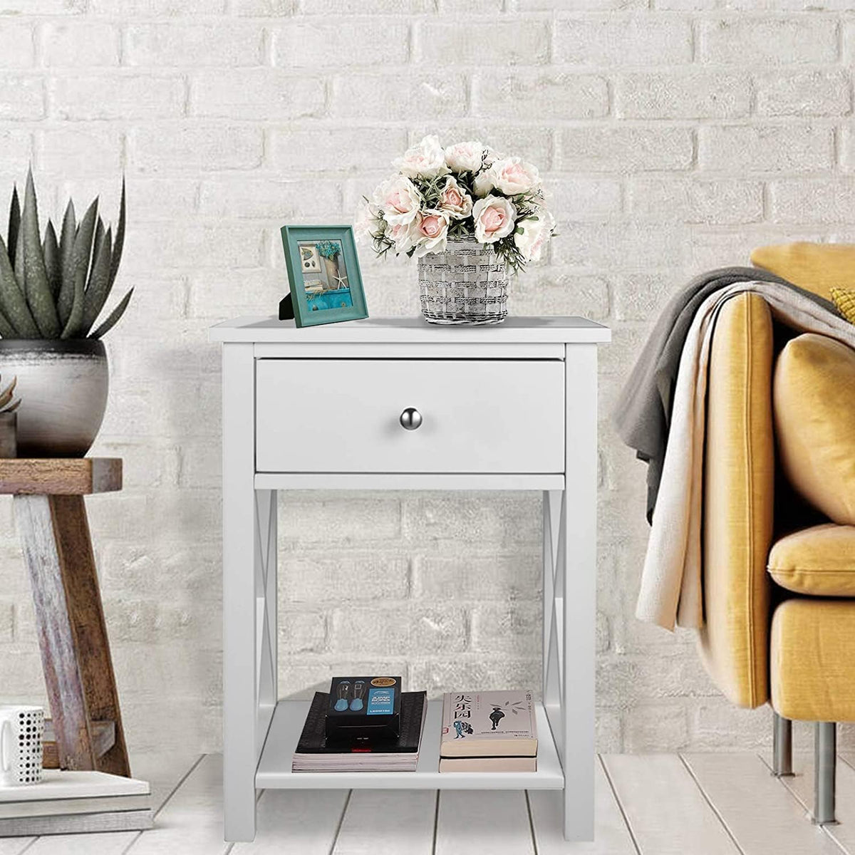 2 Pcs White Wooden Side End Table Night Stand with Bin Drawer T67862