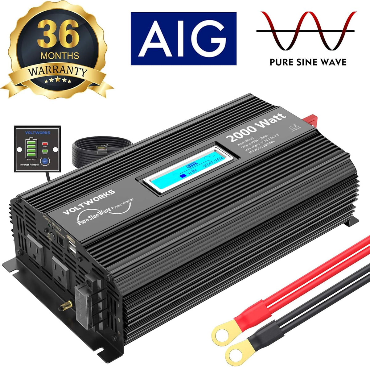 Pure Sine Wave 2000Watt Car Power Inverter DC 12V to 120V AC with 2 AC Outlets USB Ports Remote Control LCD Display G92937