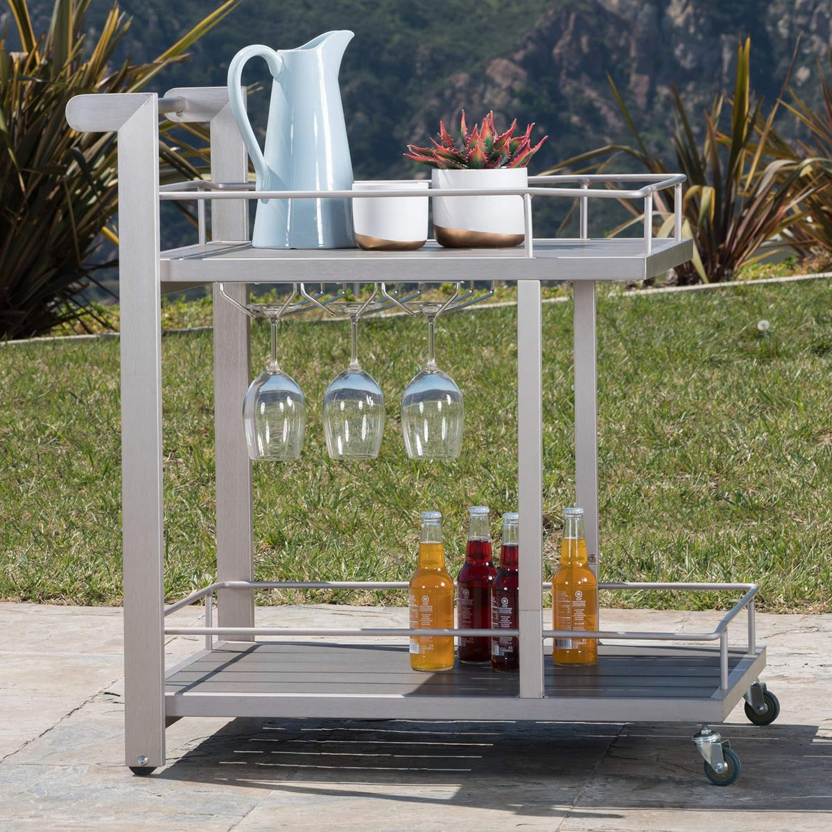 Outdoor Aluminum Bar Cart with Wood Top A600309