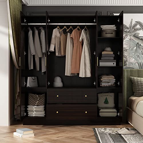 White 4-Door Wardrobe Closet with Mirror, Drawers and Shelves, Hanging Rod L4138