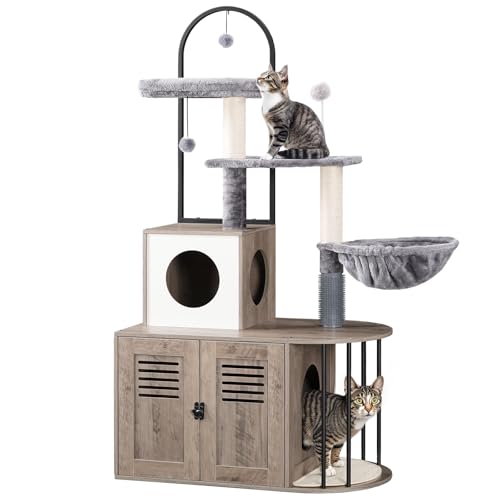 Cat Tree with Litter Box Enclosure, 31.5" Cat Tower with Sisal Posts, Hammock, Rustic Brown J4686