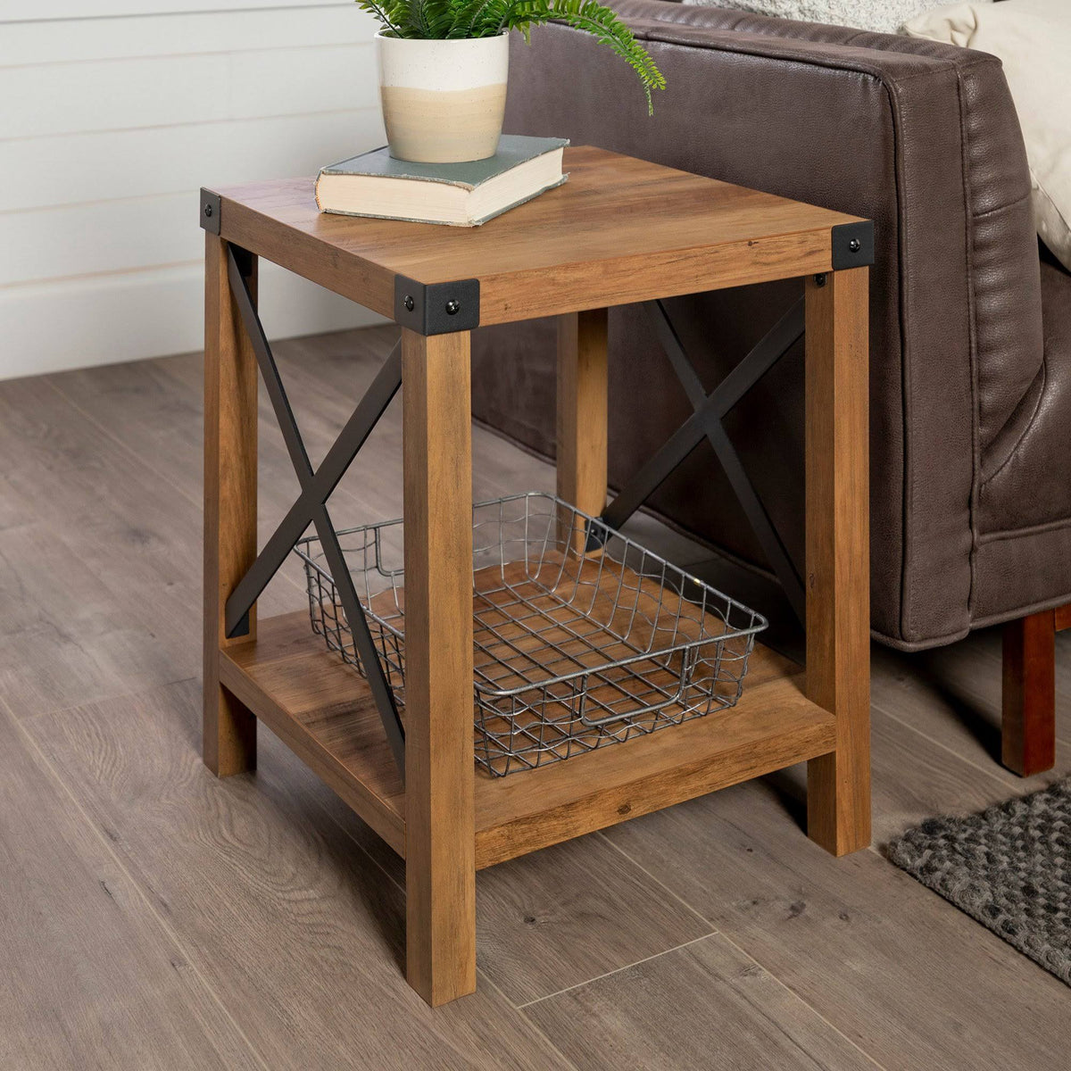 Rustic Oak Metal Side Table H4382
