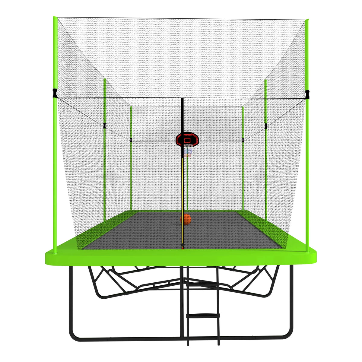 10ft by 17ft Rectangular Trampoline with Green Fabric Black Galvanized Steel Tubes with Basketball Hoop System Ladder O764066