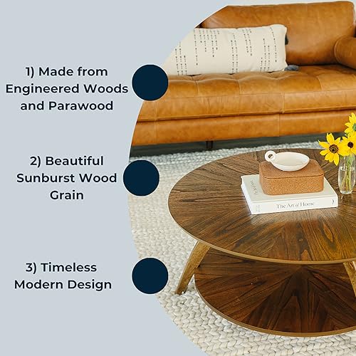 Caramel Brown Round Wood Coffee Table with Shelf Storage F186