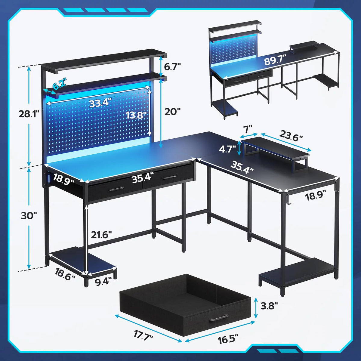 Black Reversible L-Shaped Computer Desk with Hutch and Drawers M21465