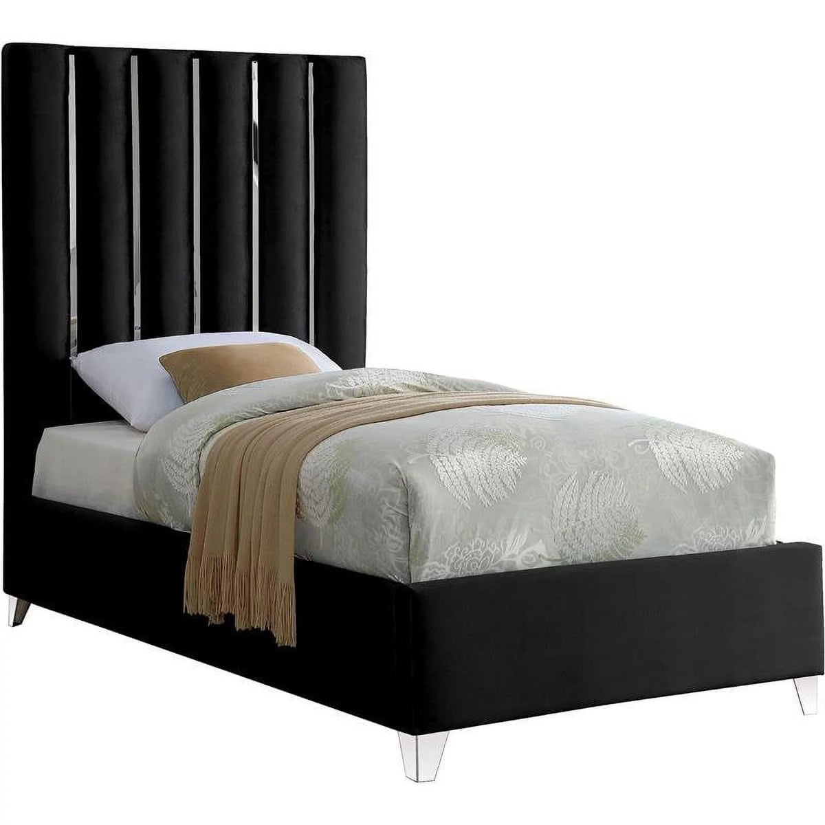 Solid Wood and Velvet Twin Bed in Black E494