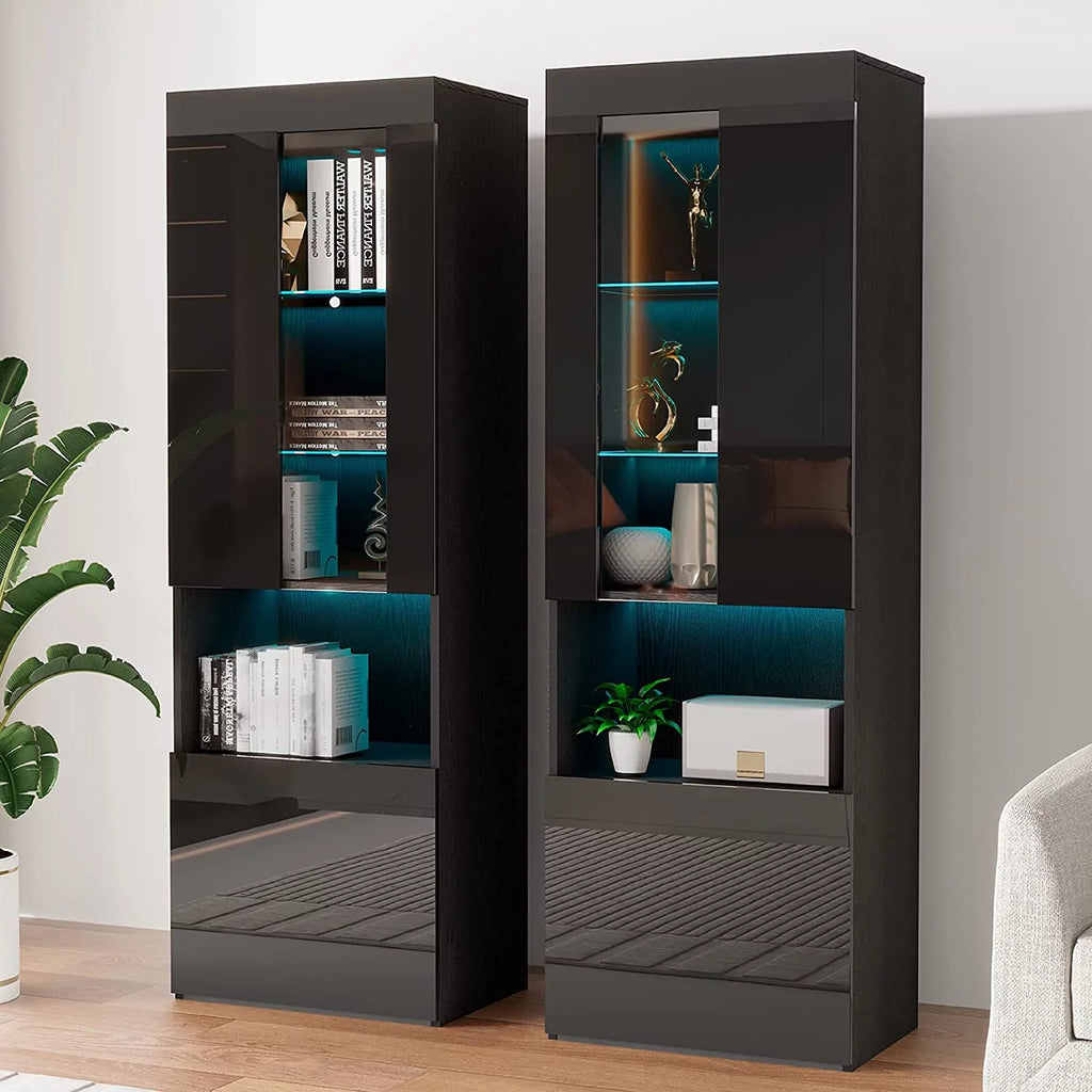 Black 2 Piece Wood Bookcase Storage Cabinet with Glass Shelves Z981540