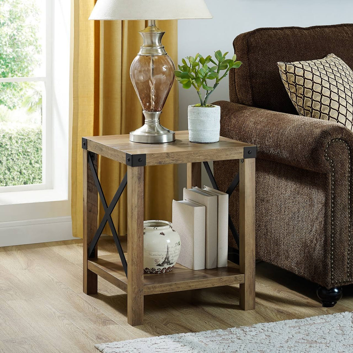 Rustic Oak Metal Side Table H4382