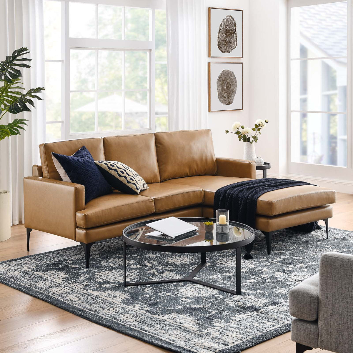 Tan Vegan Leather Right-Facing Sectional Sofa O6226