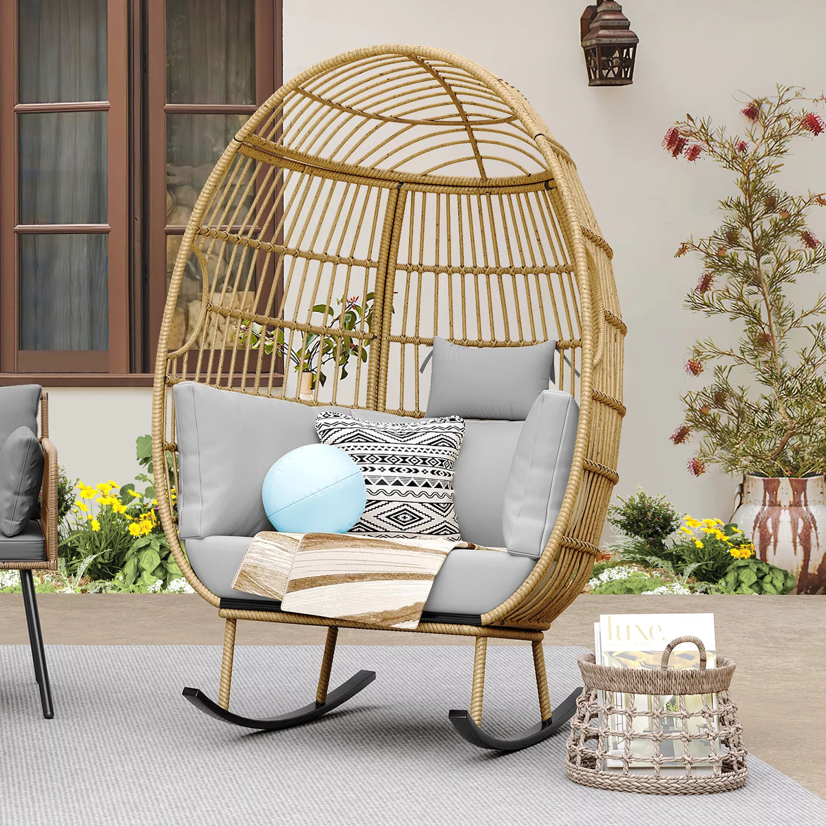 Grey Oversized Wicker Egg Rocking Chair L68915
