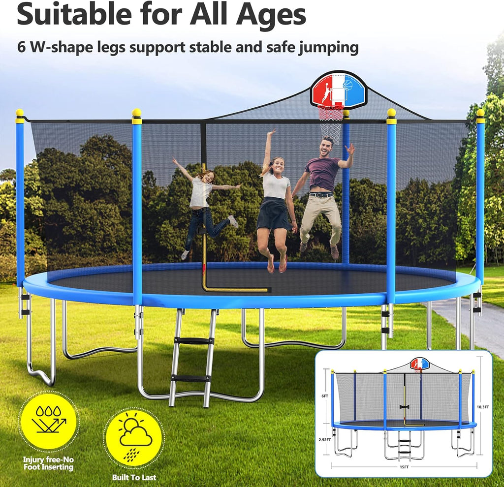 15FT Trampoline with Enclosure Net, Basketball Hoop and Ladder N2102