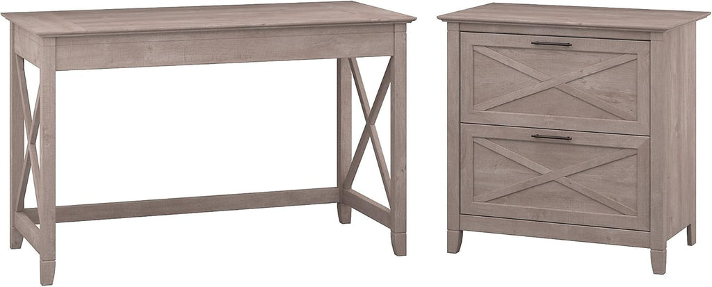 54W Computer Desk with Storage and 2 Drawer Lateral File Cabinet, Pure White Oak K87876