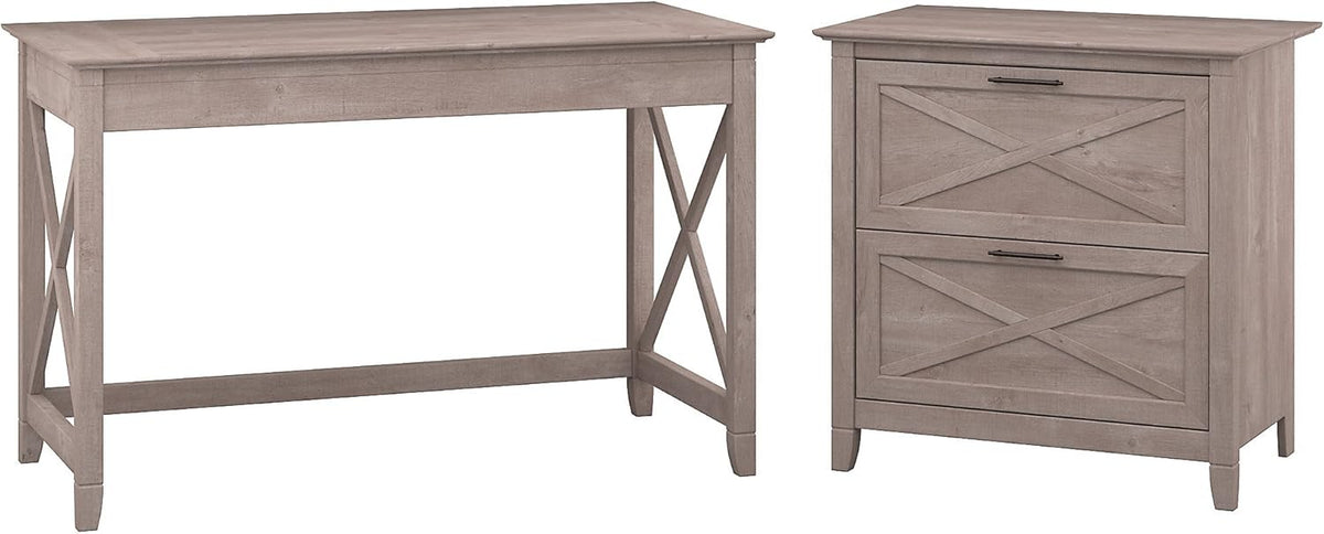 54W Computer Desk with Storage and 2 Drawer Lateral File Cabinet, Pure White Oak K87876