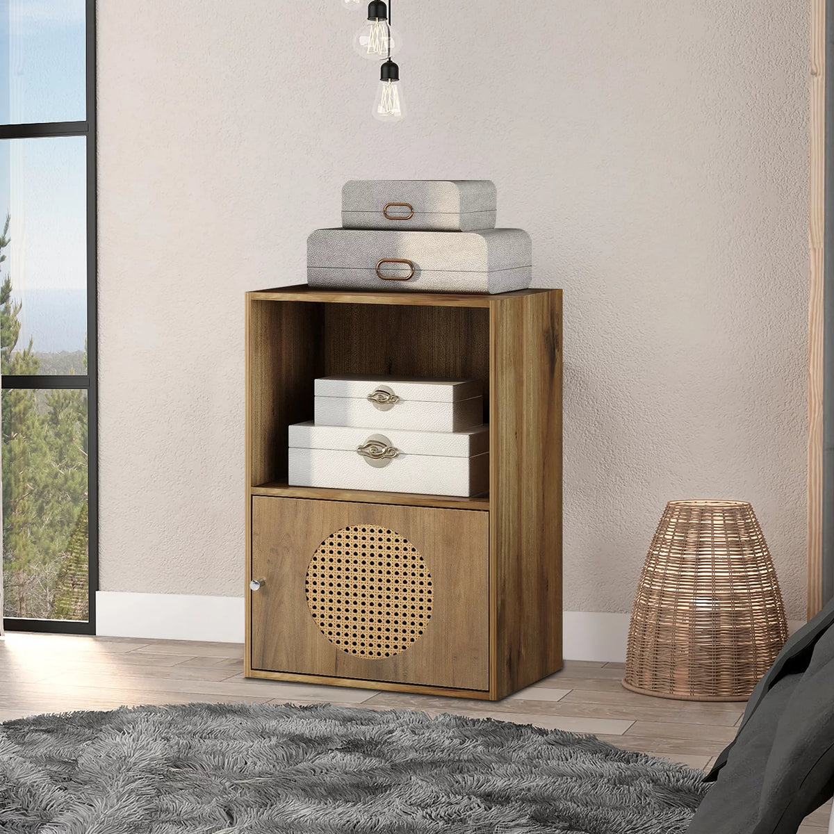 Antique Particle Board Two Layers Storage Cabinet with PE Rattan Door K380436