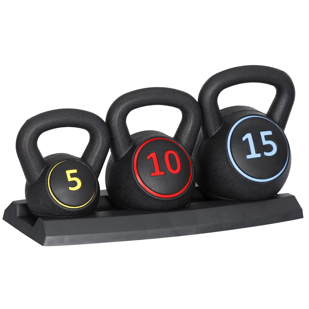 3 Piece 5lb 10lb 15lb Kettlebell Set with Storage Rack M4849