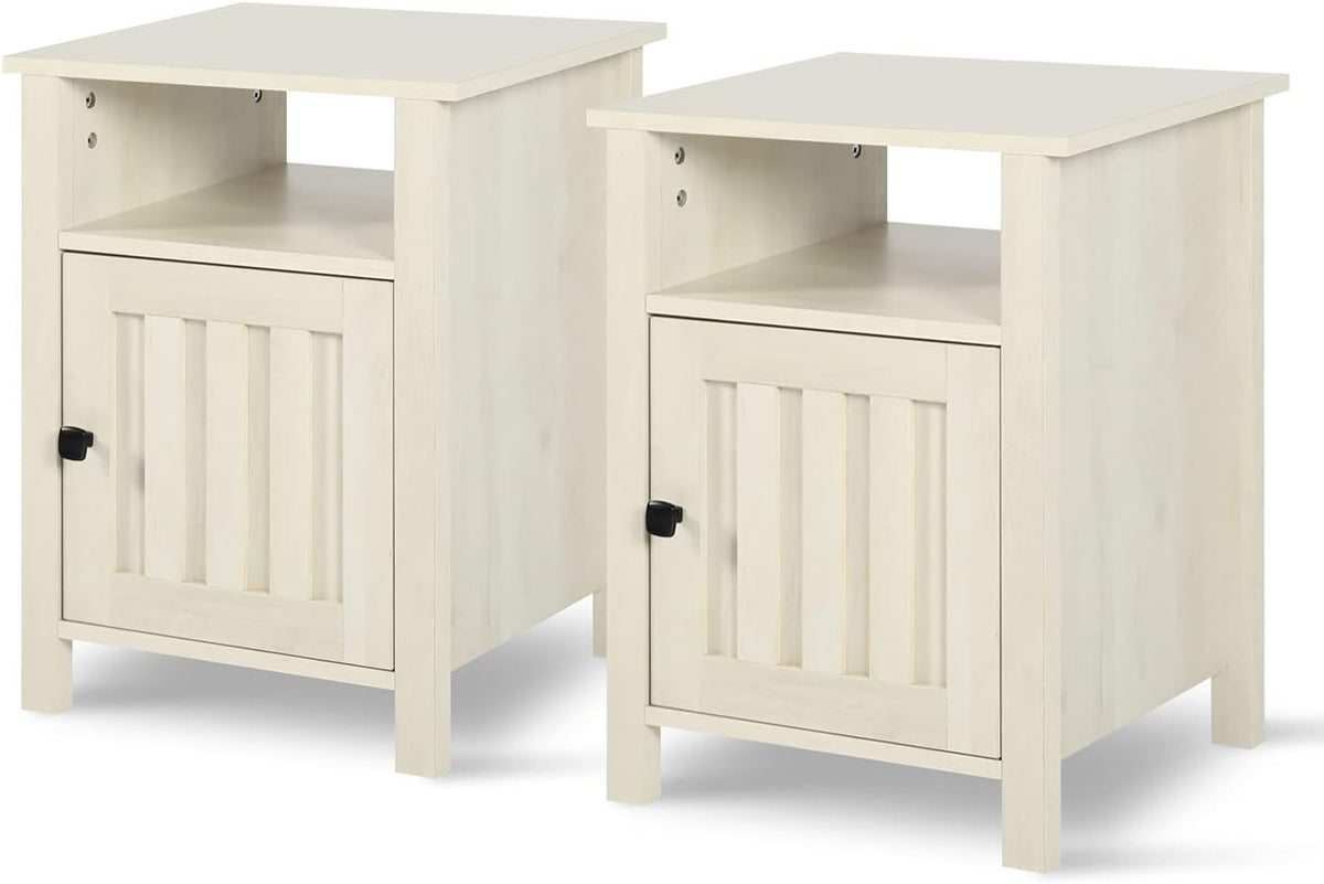 Set of 2 White Wood Grain Nightstands with Cabinet & Open Shelf O574