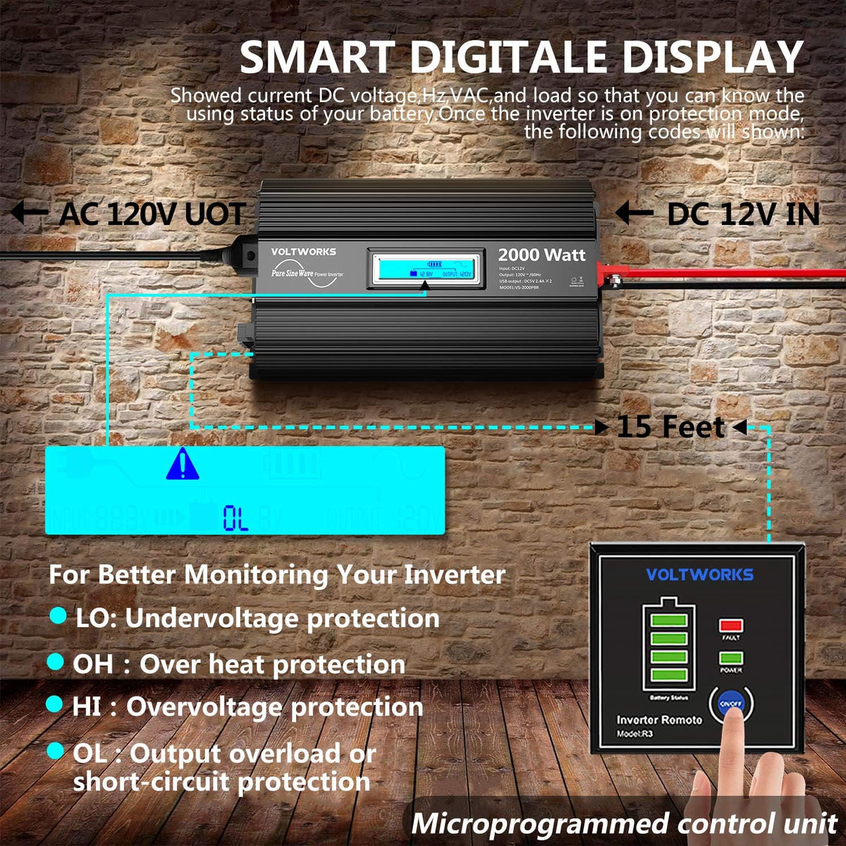 Pure Sine Wave 2000Watt Car Power Inverter DC 12V to 120V AC with 2 AC Outlets USB Ports Remote Control LCD Display G92937