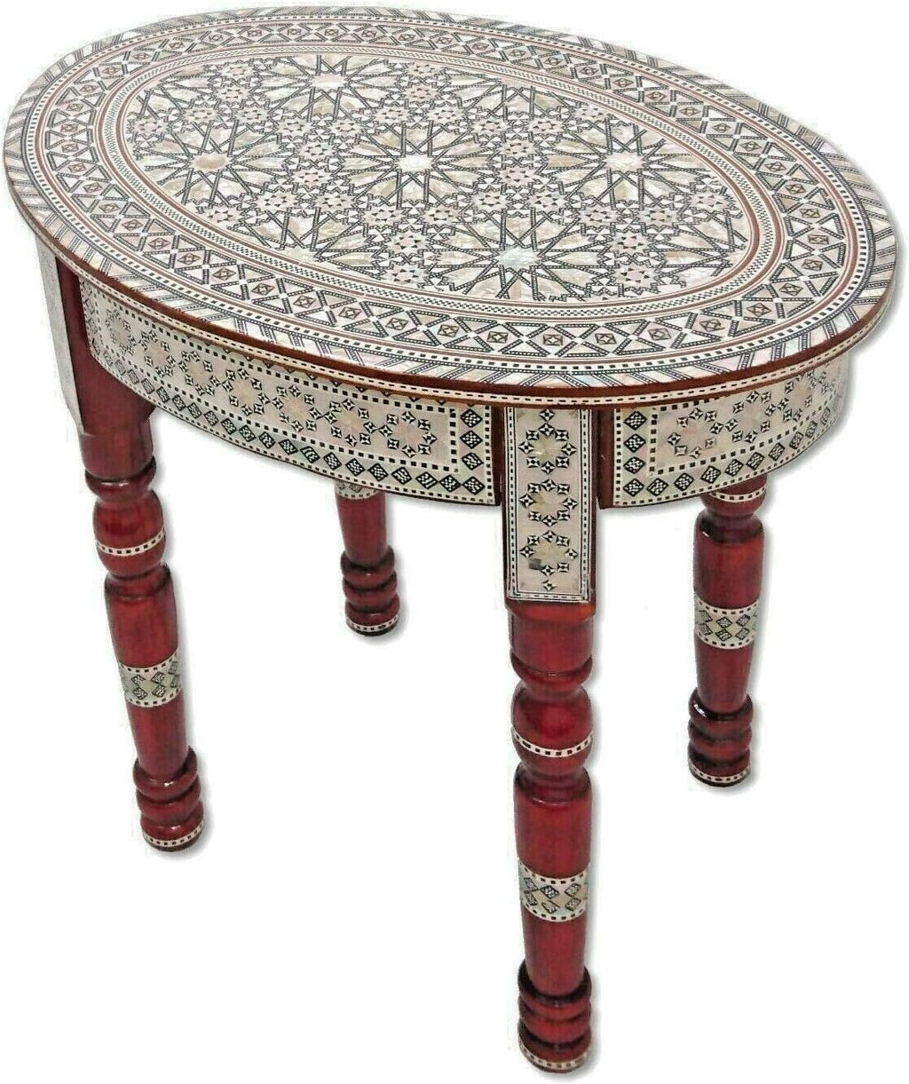 Moroccan Handmade Mother of Pearl Inlaid Coffee Side End Oval Brown Table S421035