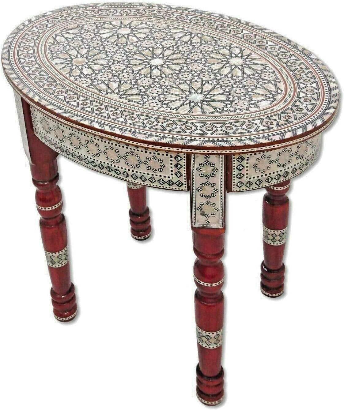 Moroccan Handmade Mother of Pearl Inlaid Coffee Side End Oval Brown Table S421035