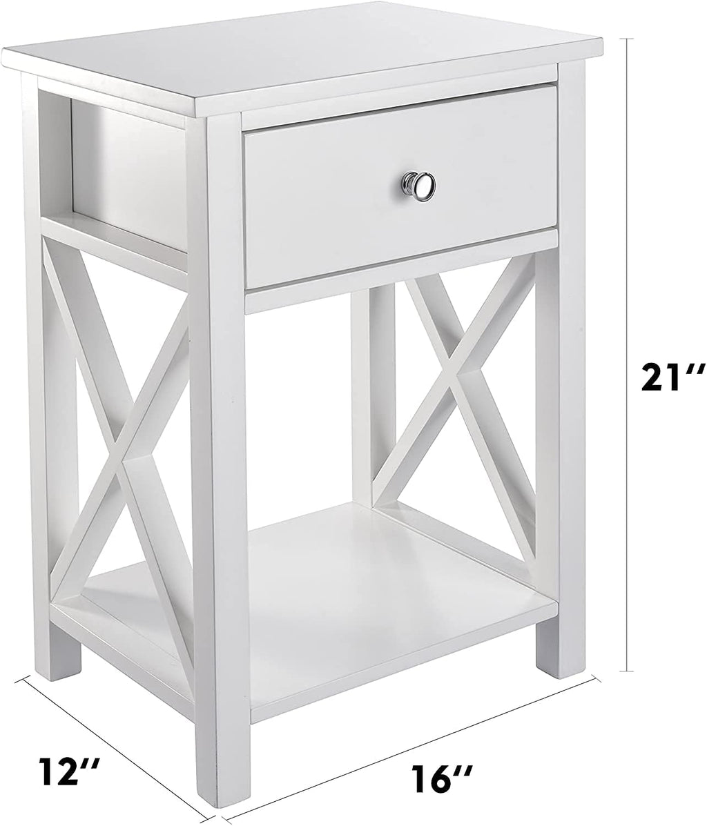 2 Pcs White Wooden Side End Table Night Stand with Bin Drawer T67862