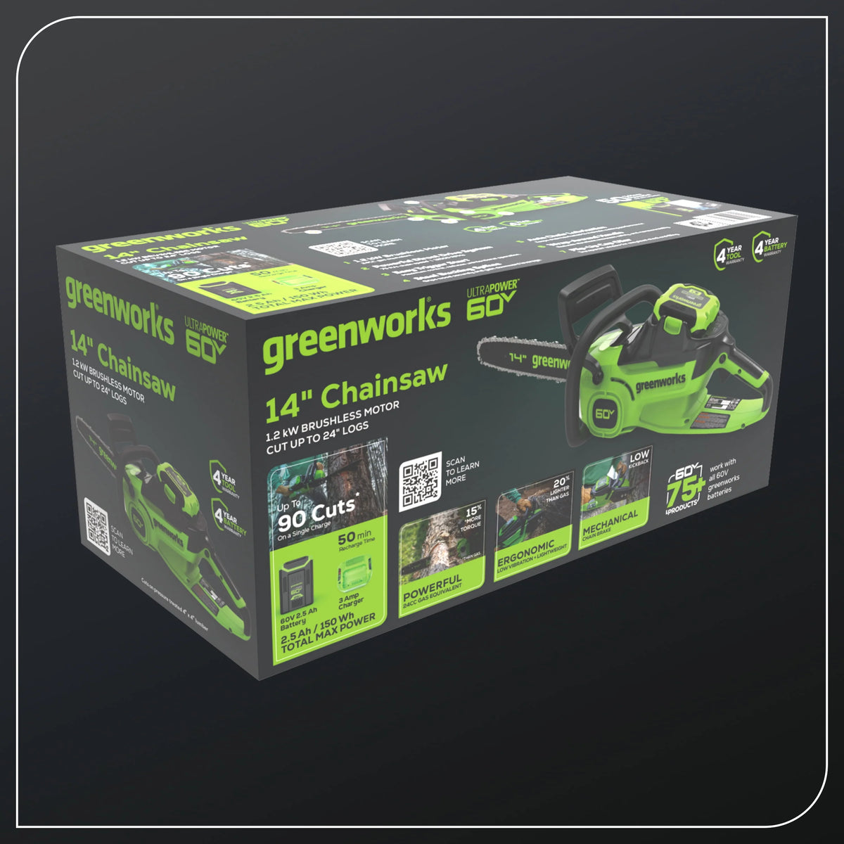 60V 14” 1.2kW Chainsaw with 2.5 Ah Battery & 3 Amp Charger Y2526
