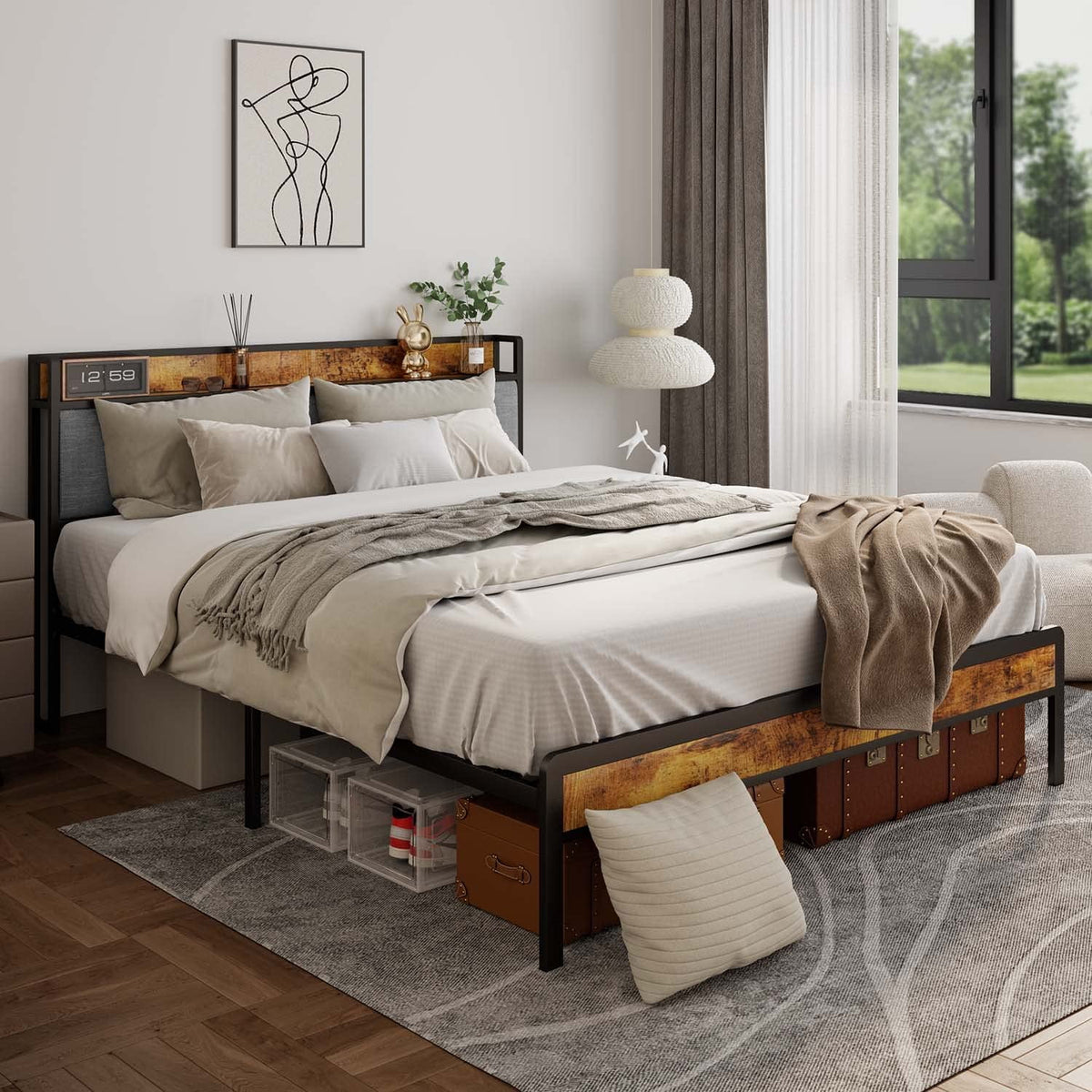 Queen Size Bed Frame with Storage Headboard Dark Grey W216