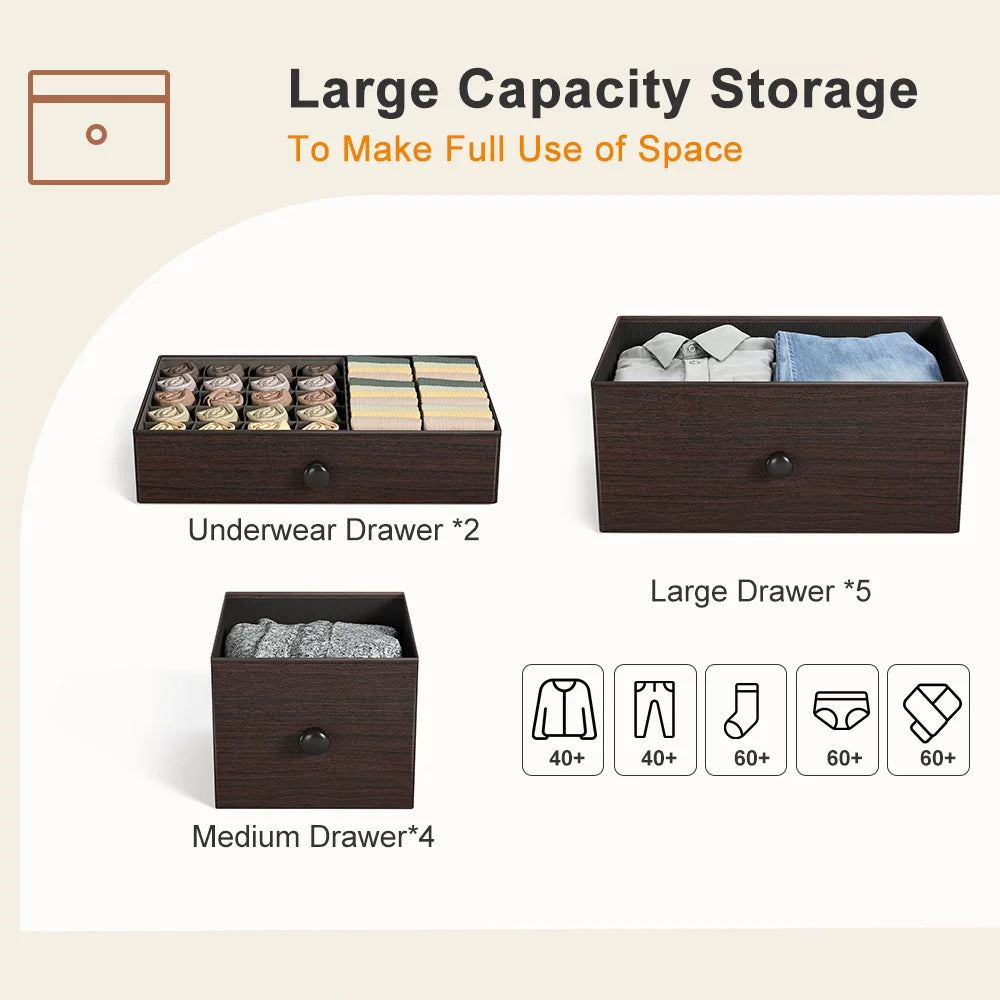 11 Fabric Drawers Faux Leather Rustic Brown Dresser with Wood Top Y496927