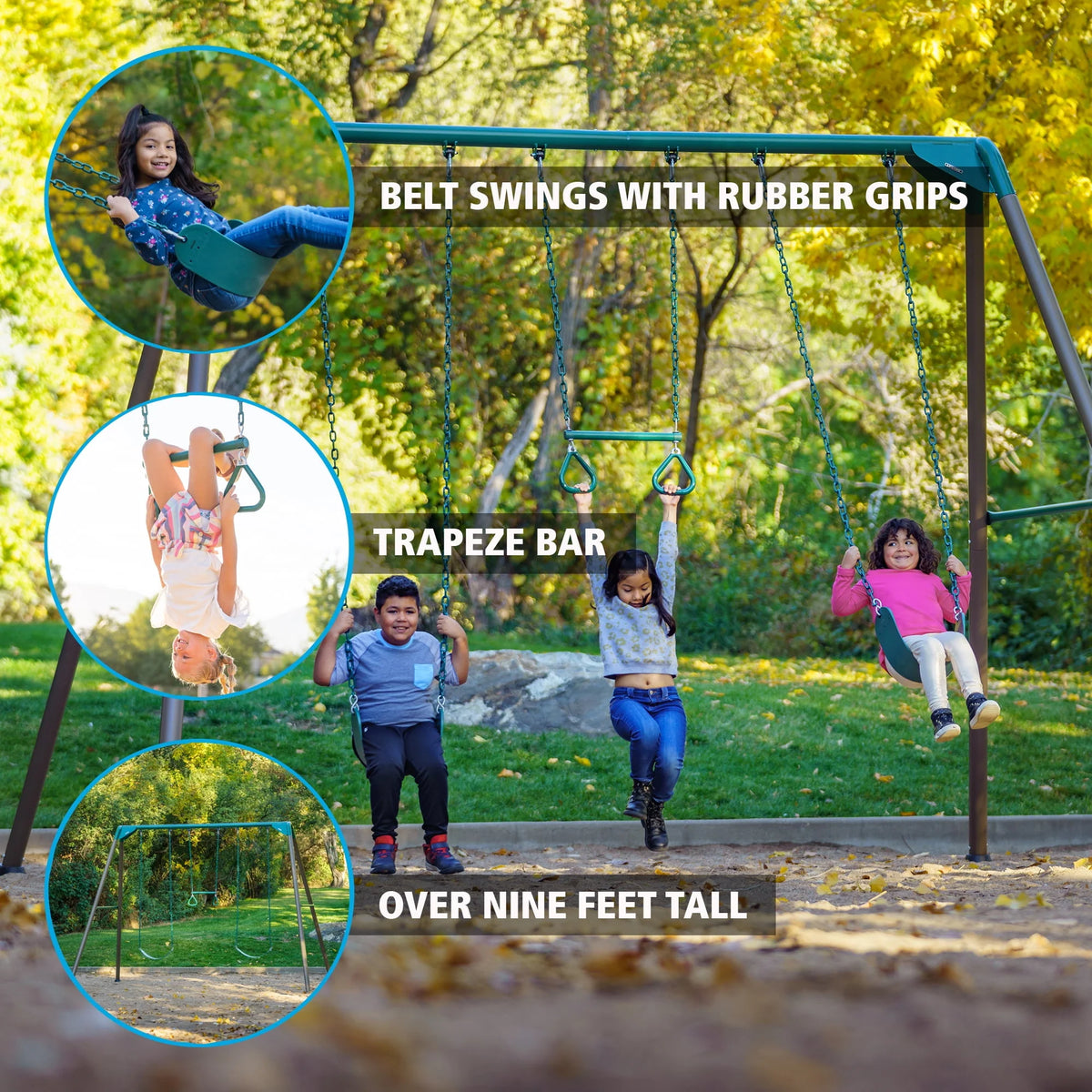 Kid's Metal Swing Set with 2 Belt Swings and Trapeze Bar D957