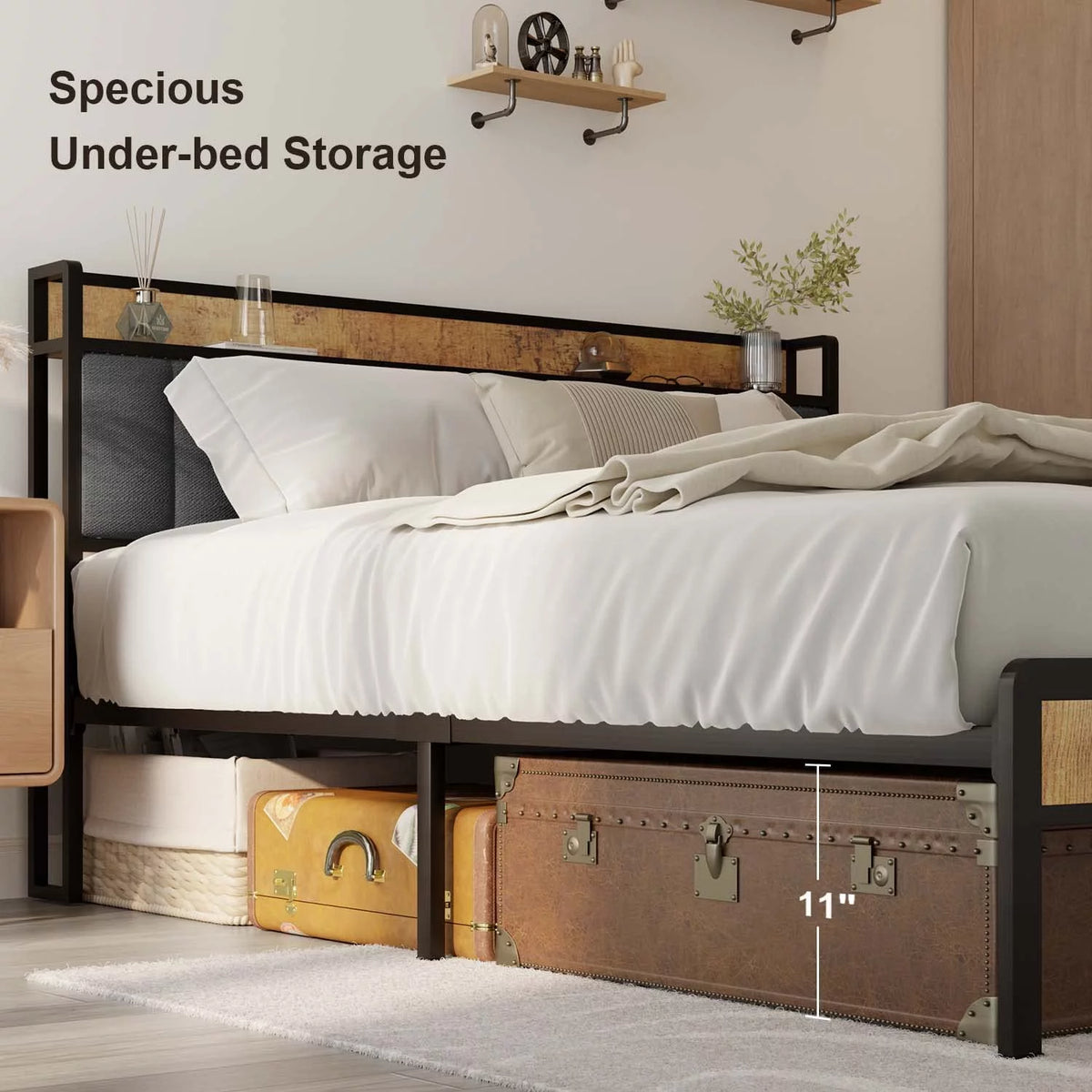 Queen Size Bed Frame with Storage Headboard Dark Grey W216
