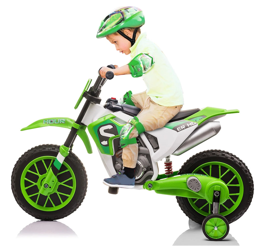 12V Kids Off-Road Ride on Dirt Bike with Training Wheels, Green E1800