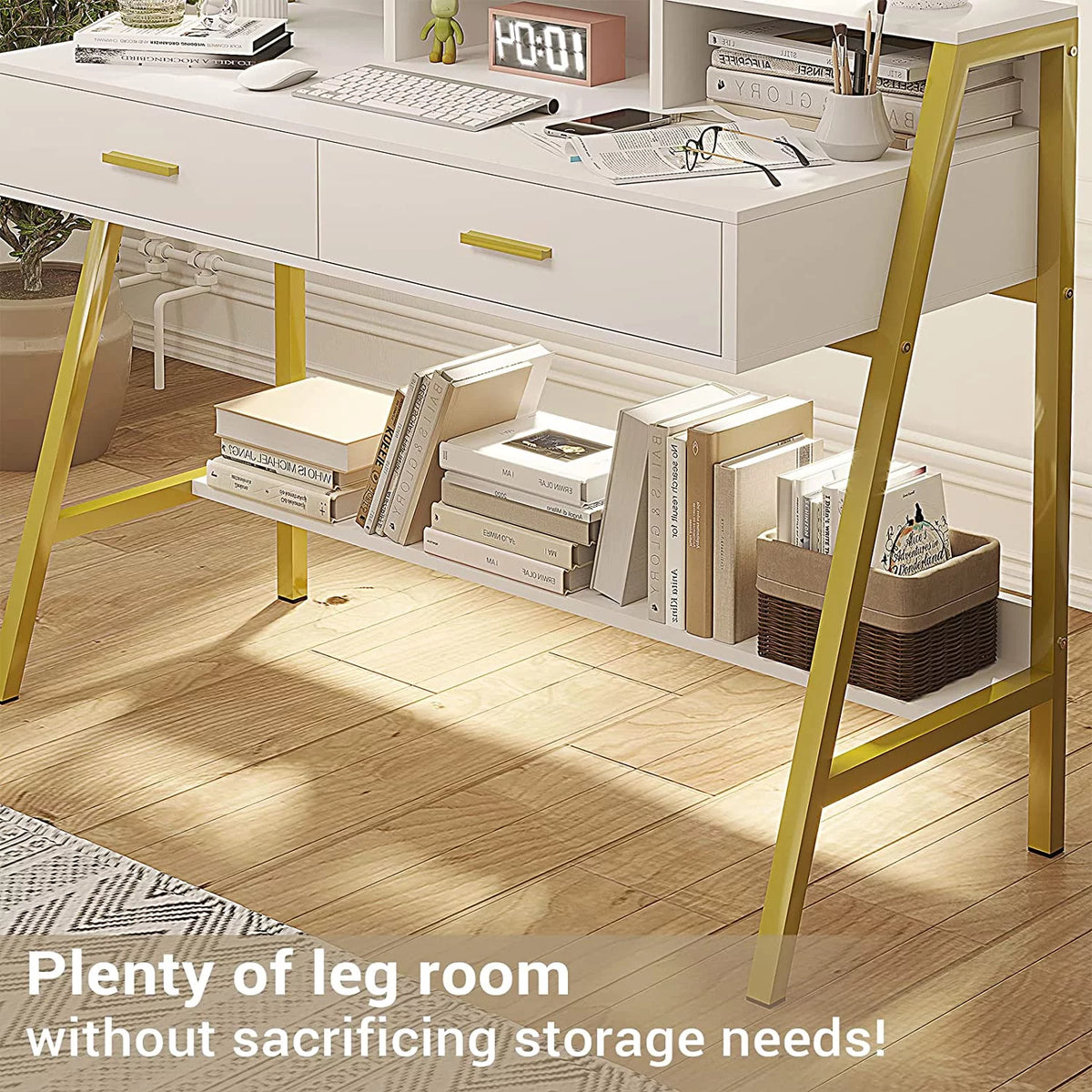 White and Gold Computer Desk with Drawers C432838