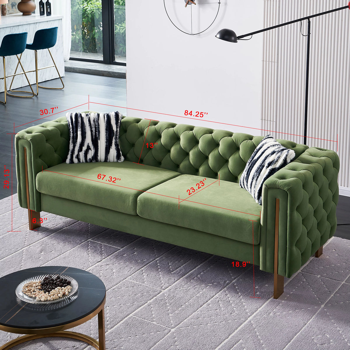Green Tufted Velvet Sofa with 2 Pillows, 84 inches R27794