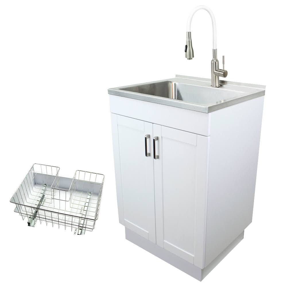 White 24-in Laundry Cabinet Sink with Stainless Steel Faucet and Basket Y1704